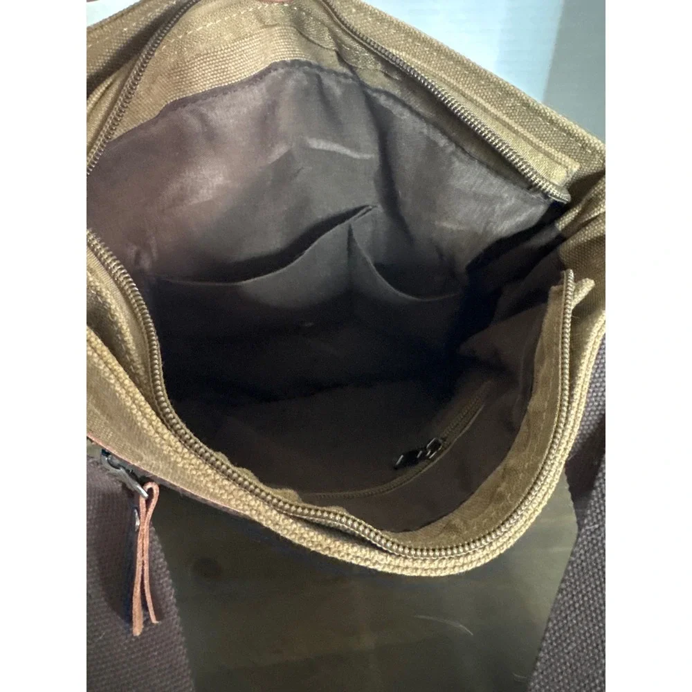 Zebella Khaki Canvas Messenger Bag Brown Faux Leather Crossbody Satchel Utility